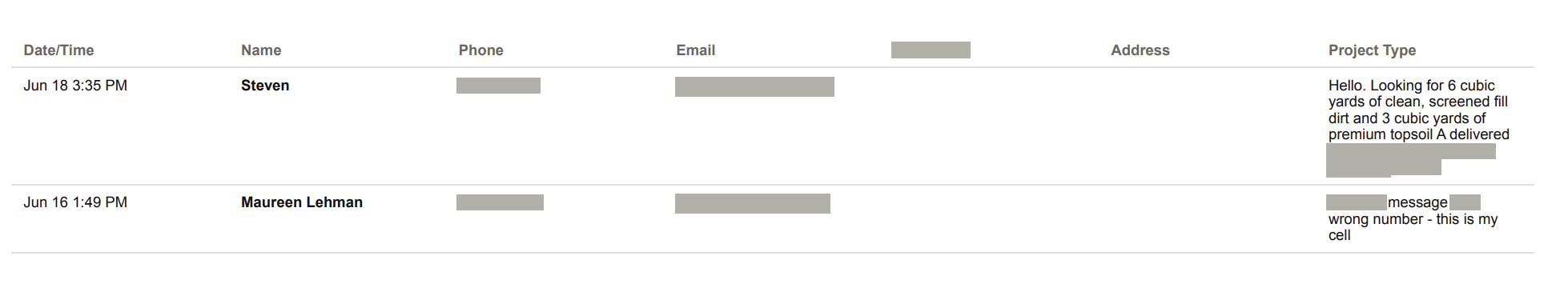Lead export for a materials supplier showing fill dirt, topsoil, and delivery requests with phone numbers and addresses redacted